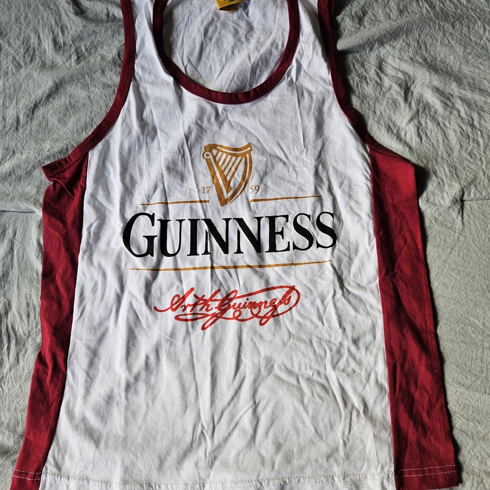 Guinness White Tank with Red Trim and Gold Harp